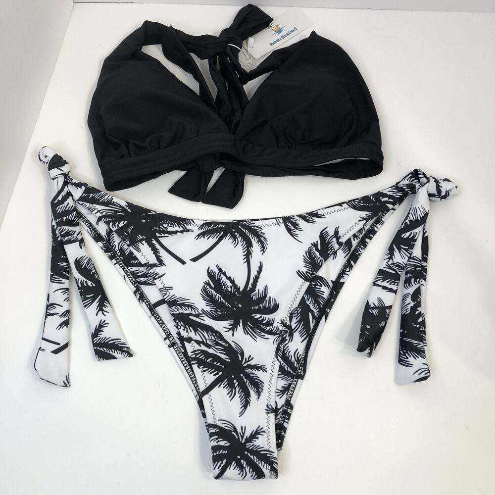 Beachsissi Bikini Set Black Halter Top Black/White‎ Tropical Palm TreeBottom NWT